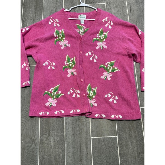 The Quacker Factory Sweaters - Quacker Factory Sweater Cardigan Womens 2X Pink Floral Embroidered Button Front
